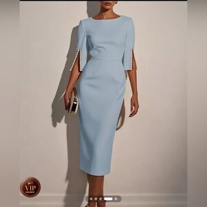 Chic Light Blue Midi Dress with Pearl Detail